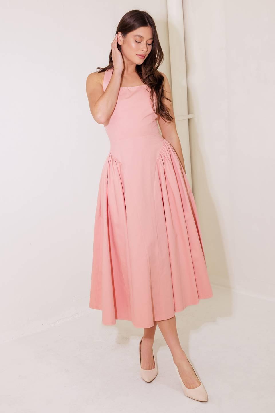 CAUGHT IN THE RAIN PINK WOVEN MIDI DRESS Flying Tomato