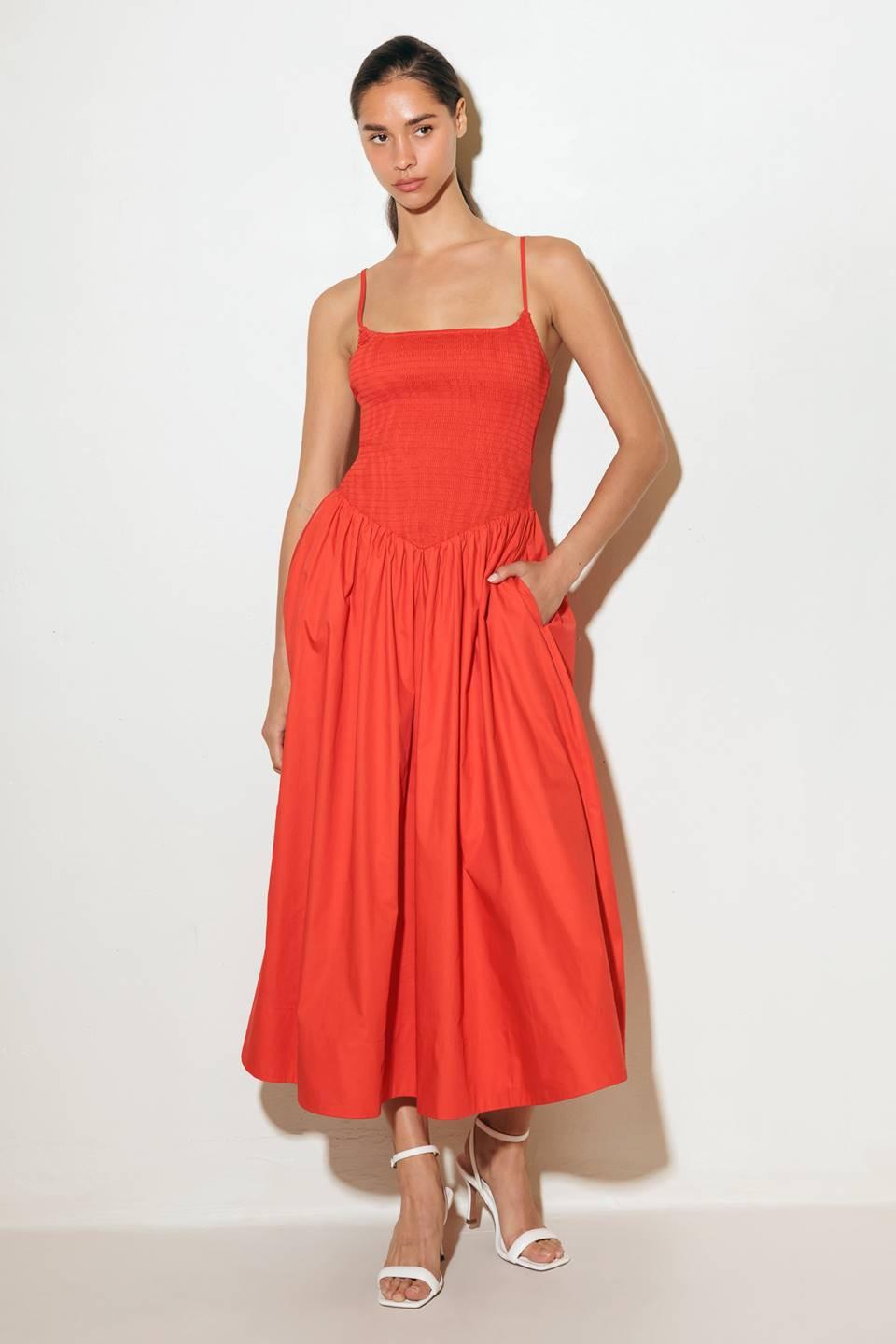 MOVE WITH INTENTION RED WOVEN MIDI DRESS Flying Tomato