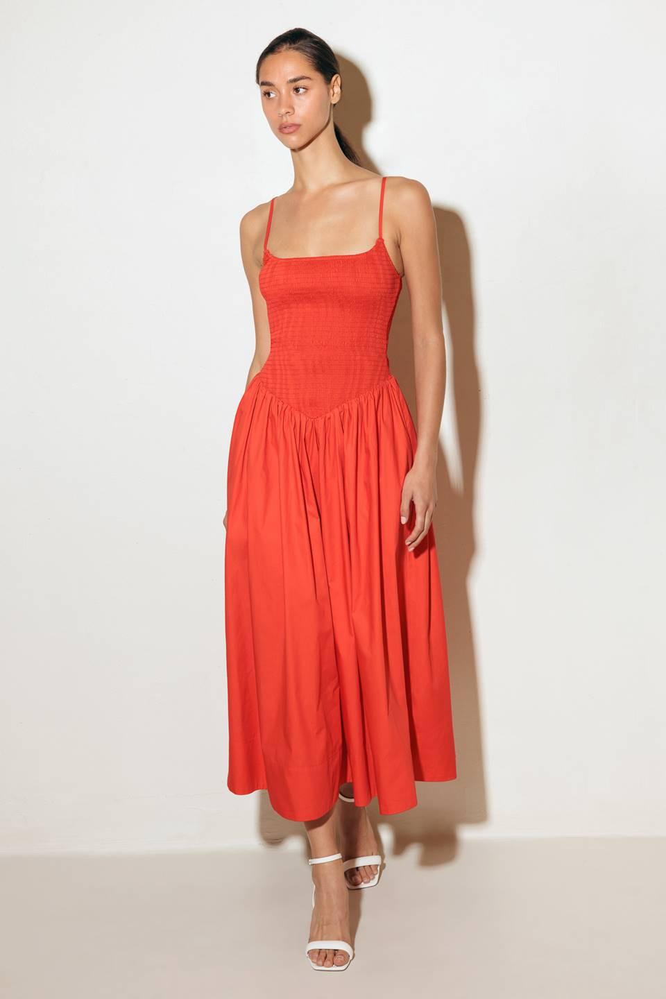 MOVE WITH INTENTION RED WOVEN MIDI DRESS Flying Tomato
