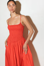 MOVE WITH INTENTION RED WOVEN MIDI DRESS Flying Tomato