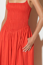 MOVE WITH INTENTION RED WOVEN MIDI DRESS Flying Tomato