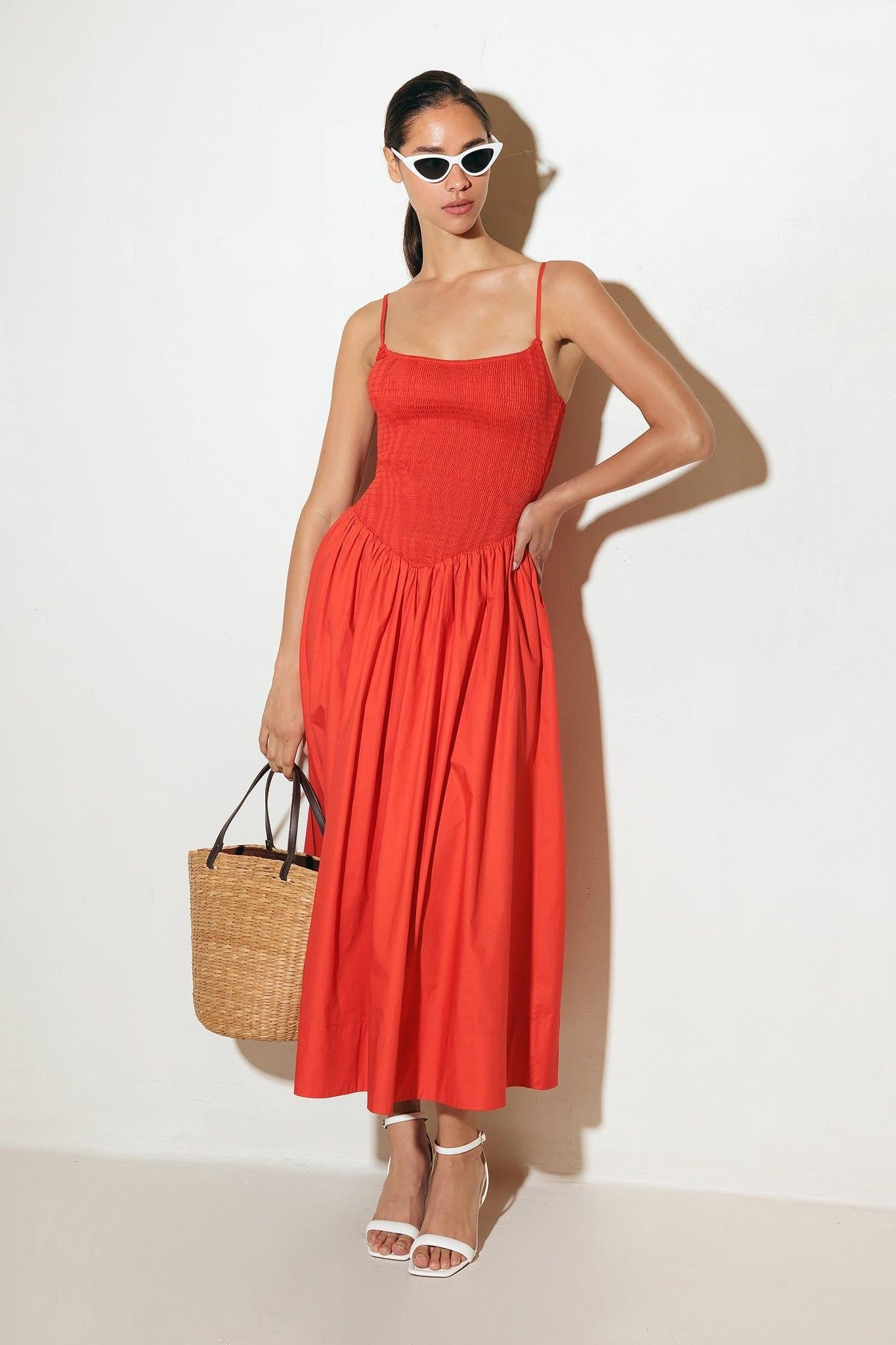 MOVE WITH INTENTION RED WOVEN MIDI DRESS Flying Tomato