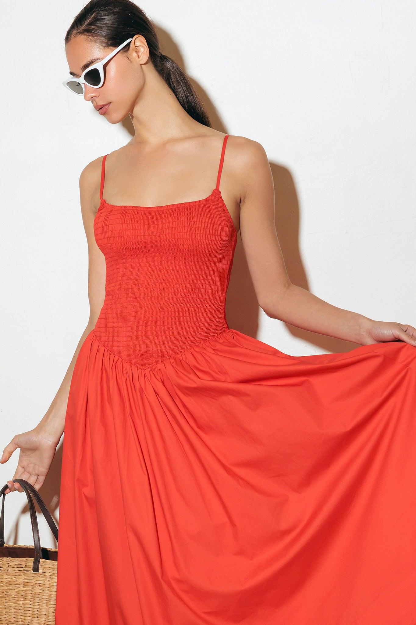 MOVE WITH INTENTION RED WOVEN MIDI DRESS Flying Tomato