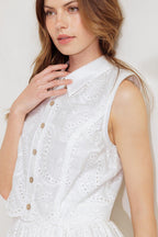 LEAF KISS WHITE WOVEN EYELET MINI DRESS Flying Tomato