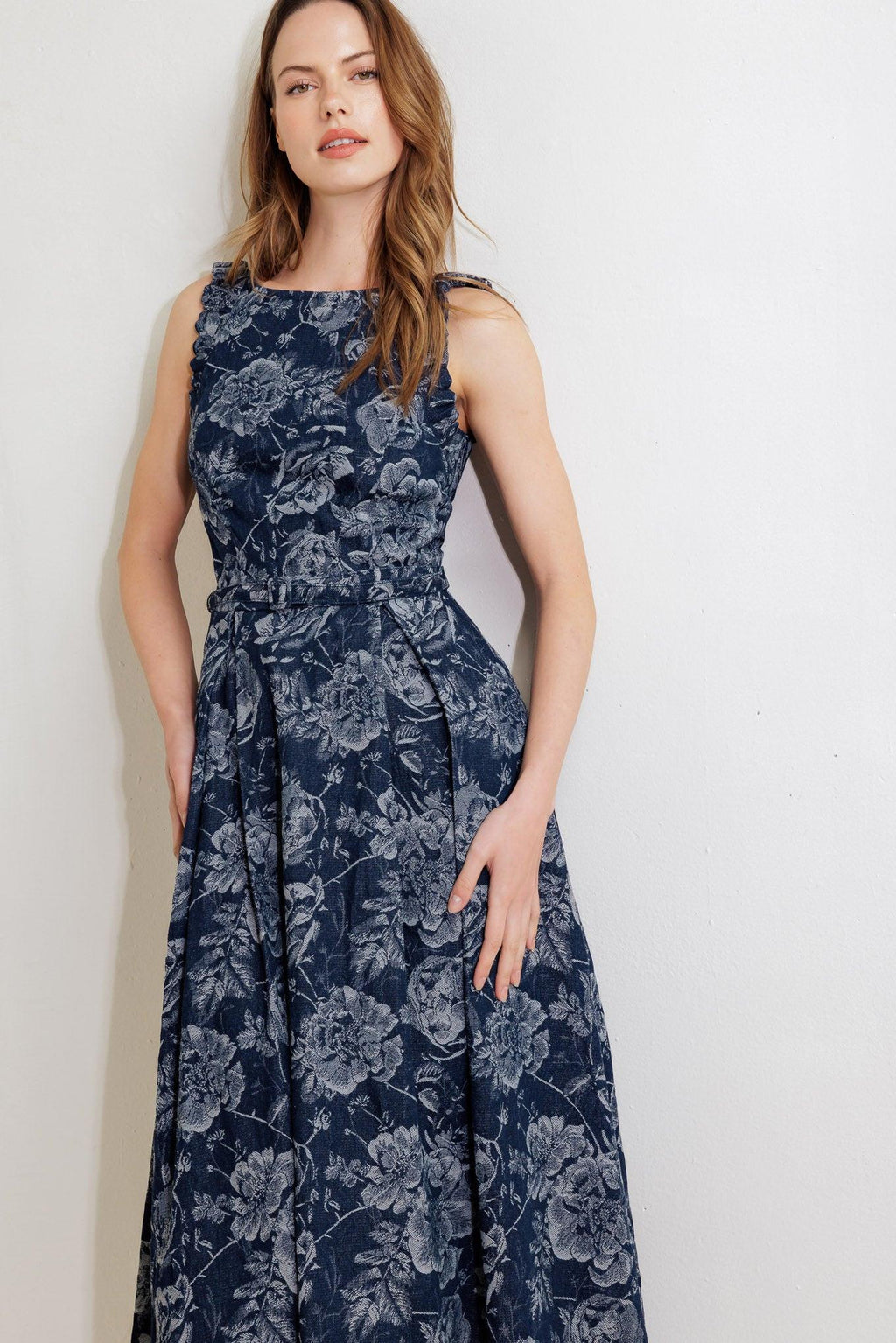 DUSK ROSE WOVEN DENIM MIDI DRESS Flying Tomato