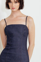 QUIET CURVE DARK DENIM MIDI DRESS Flying Tomato