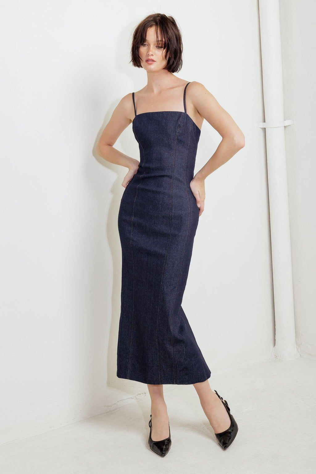 QUIET CURVE DARK DENIM MIDI DRESS Flying Tomato