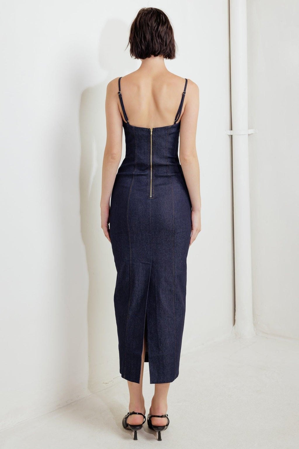 QUIET CURVE DARK DENIM MIDI DRESS Flying Tomato
