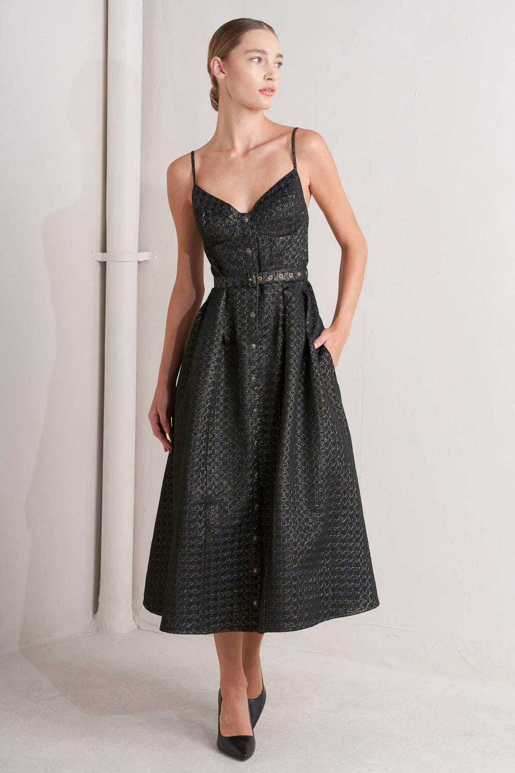 NOIR TAPESTRY WOVEN MIDI DRESS Flying Tomato
