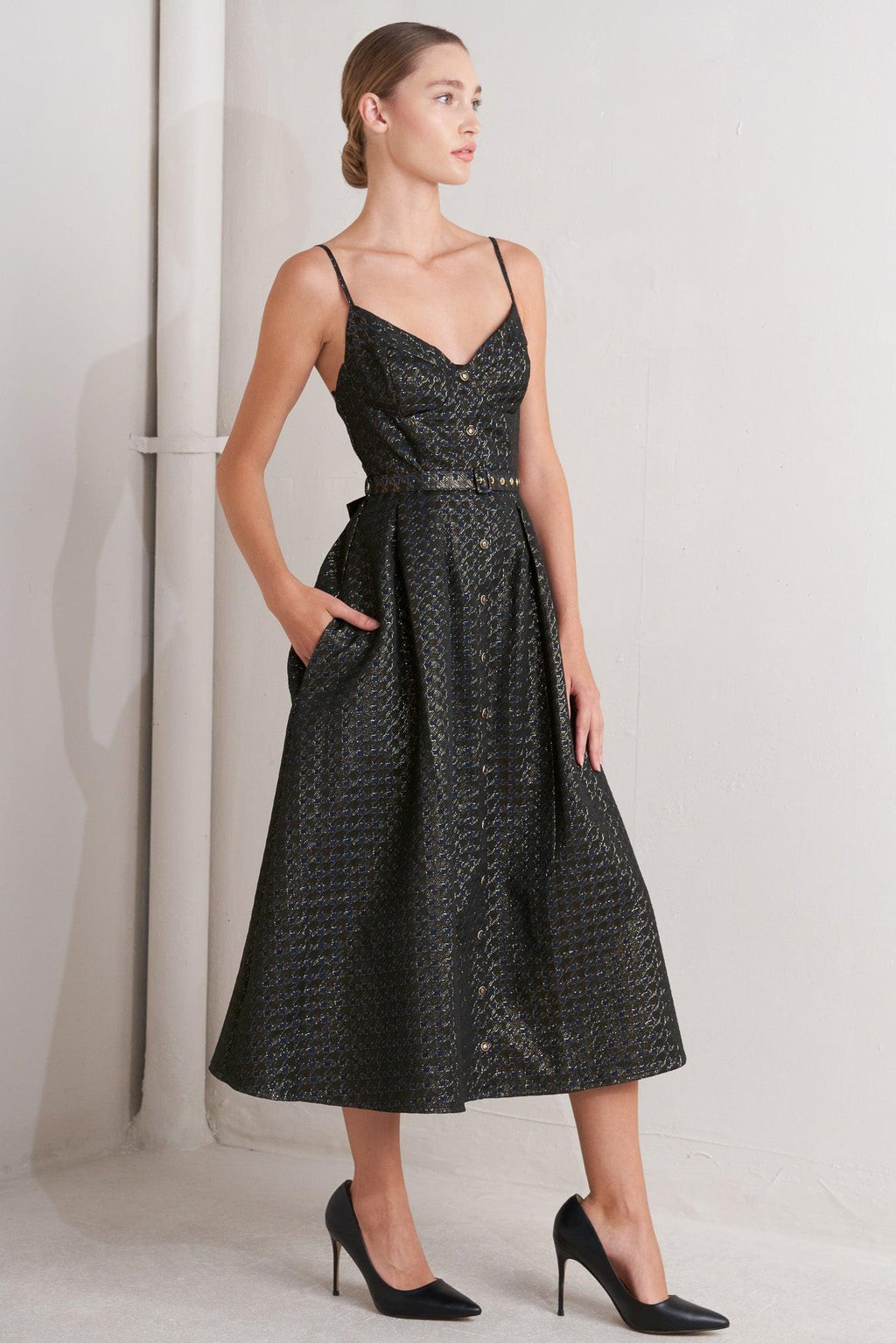 NOIR TAPESTRY WOVEN MIDI DRESS Flying Tomato