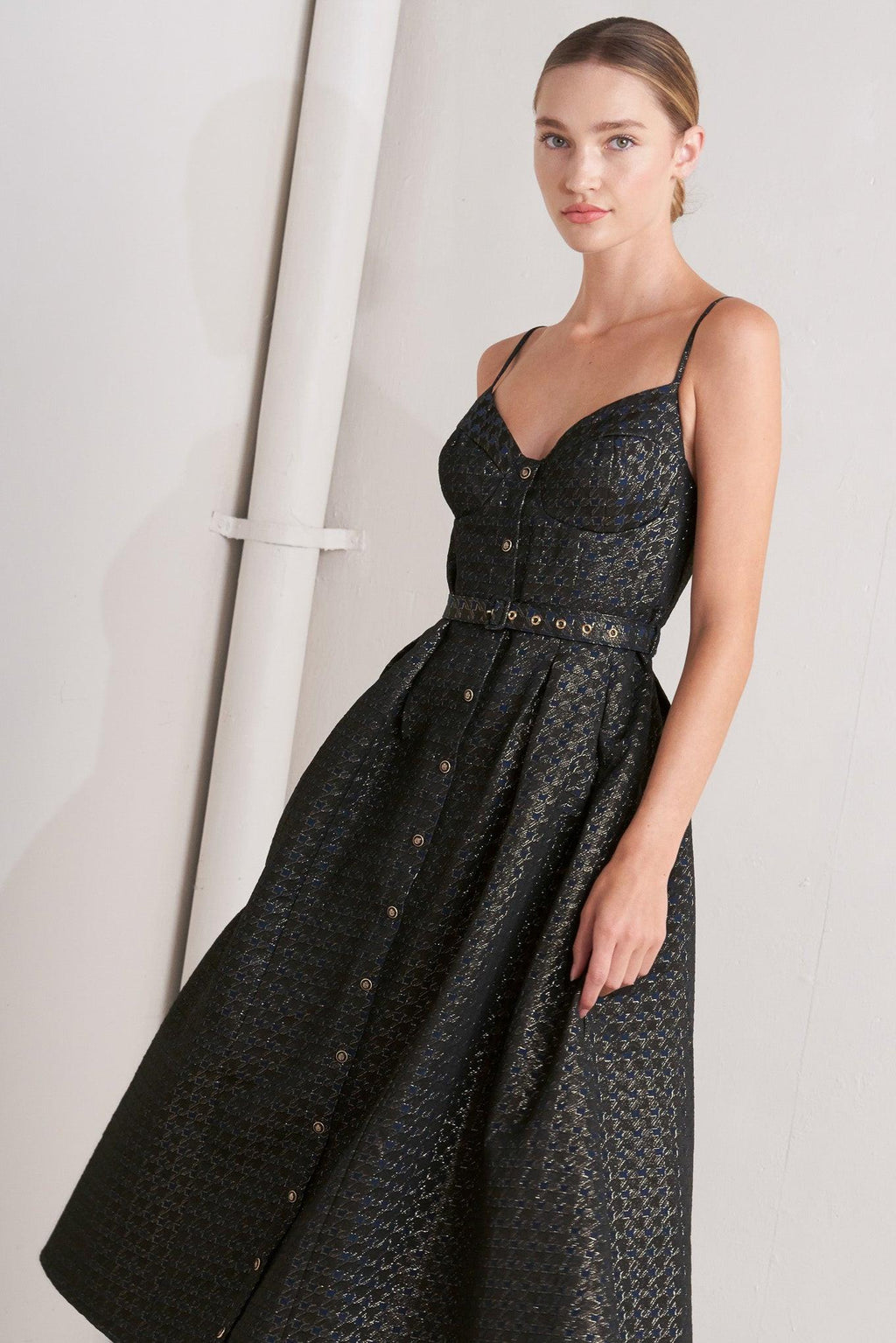 NOIR TAPESTRY WOVEN MIDI DRESS Flying Tomato