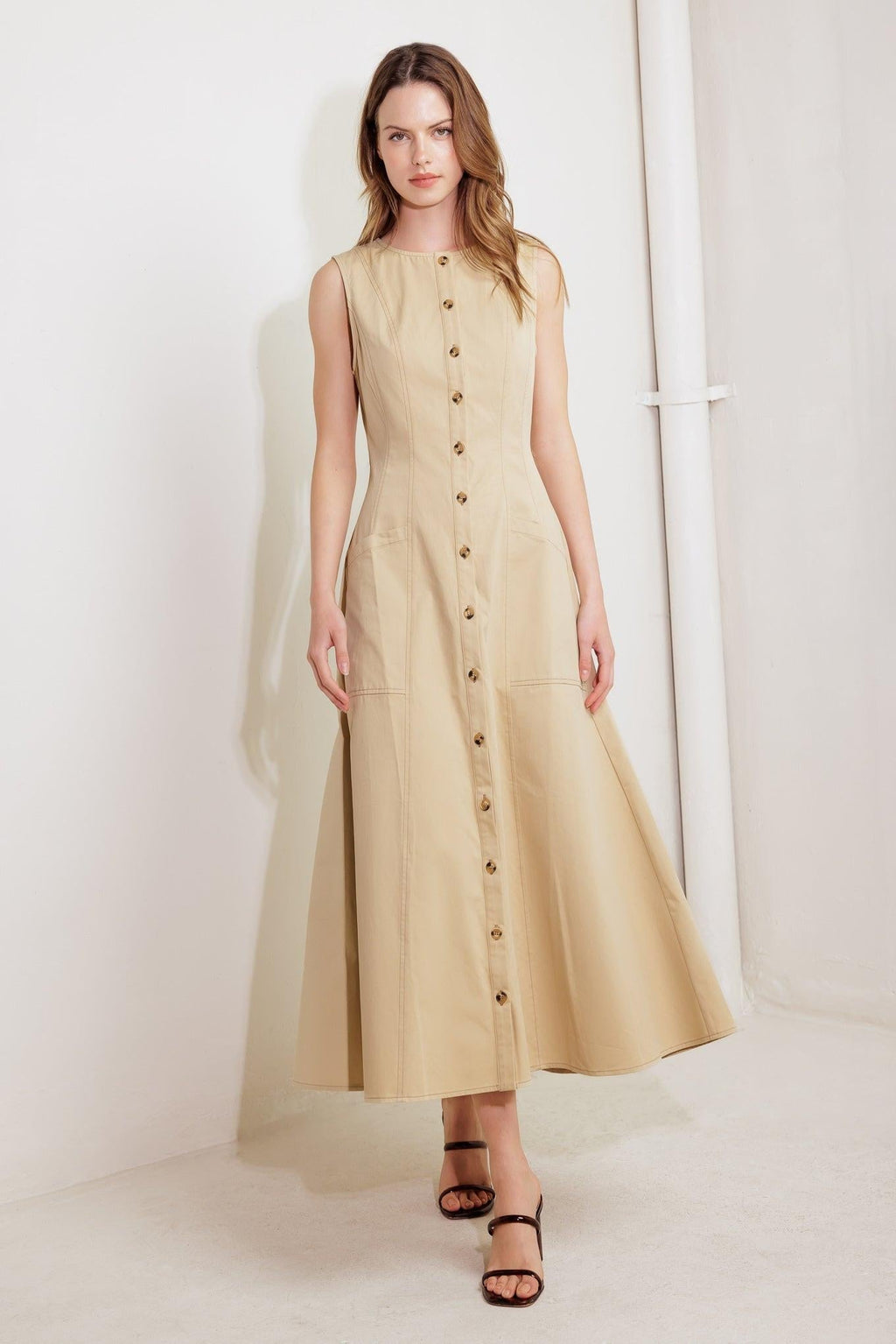 NATURE’S GENTLE SONG BEIGE WOVEN MIDI DRESS Flying Tomato