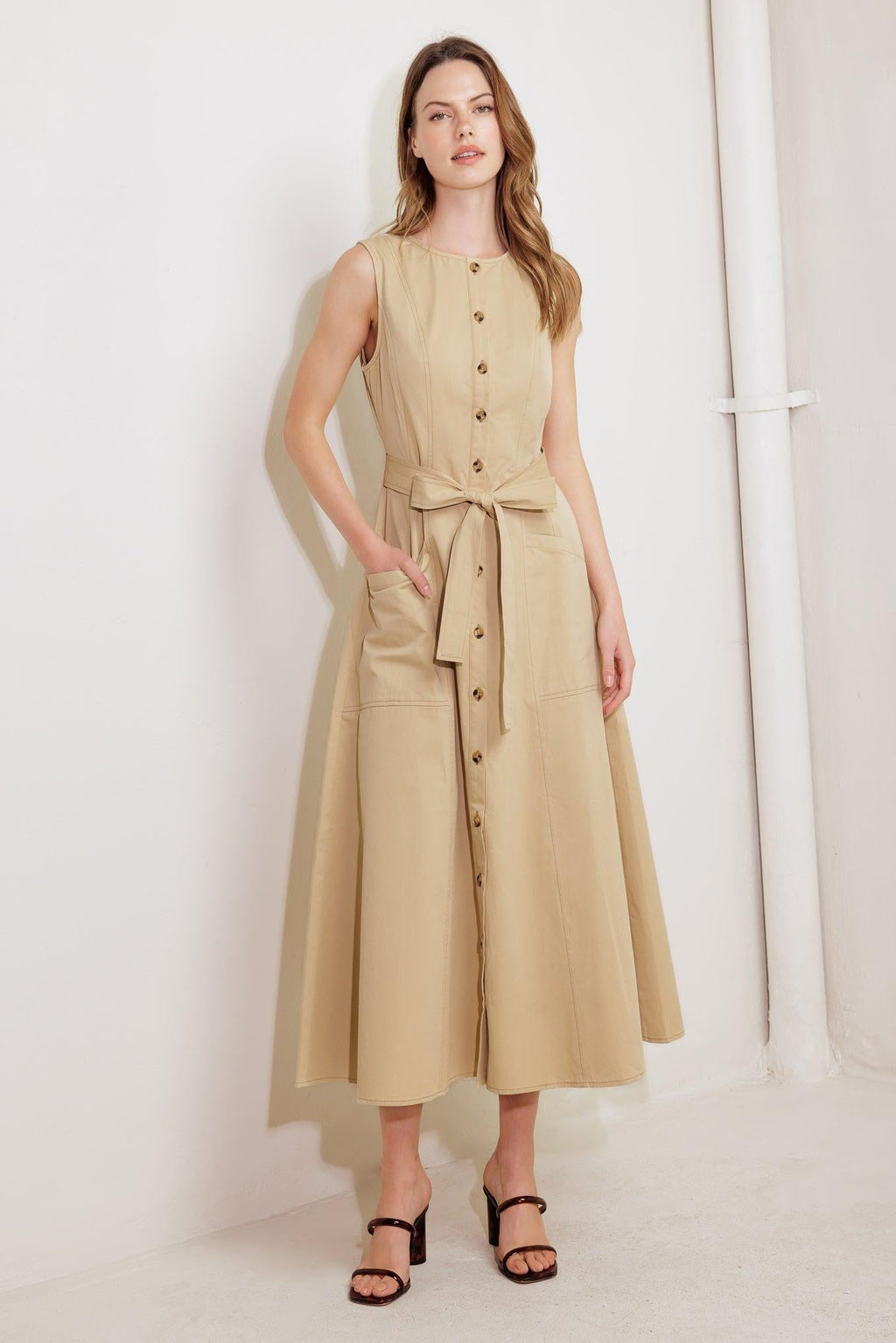 NATURE’S GENTLE SONG BEIGE WOVEN MIDI DRESS Flying Tomato