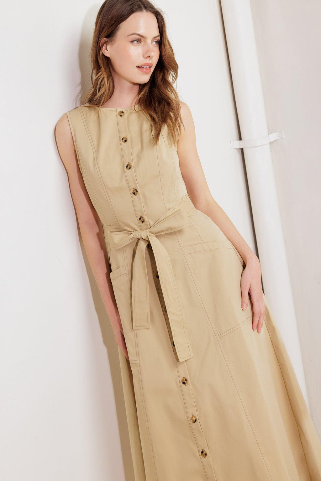 NATURE’S GENTLE SONG BEIGE WOVEN MIDI DRESS Flying Tomato