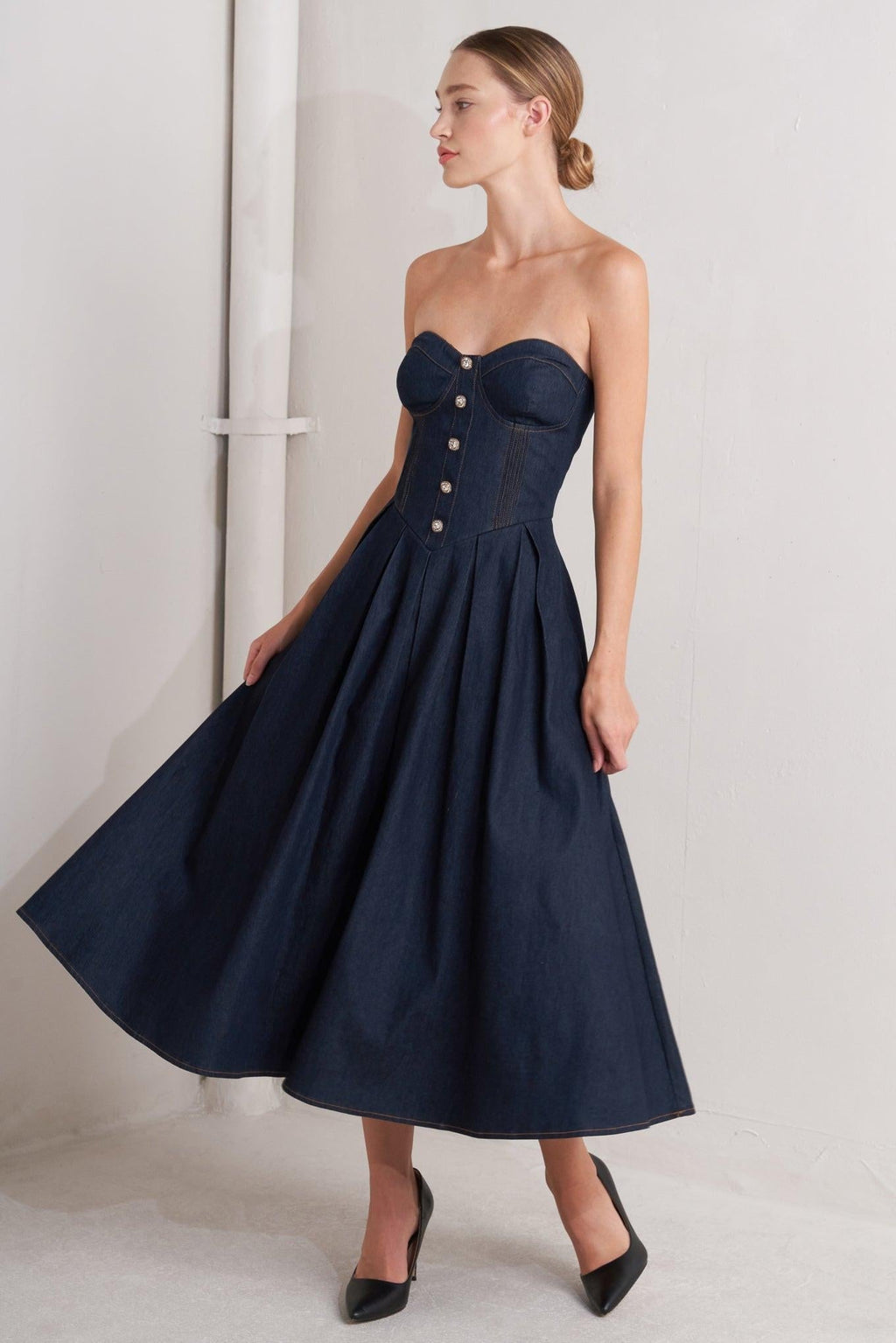 URBAN CORSET DENIM MIDI DRESS Flying Tomato