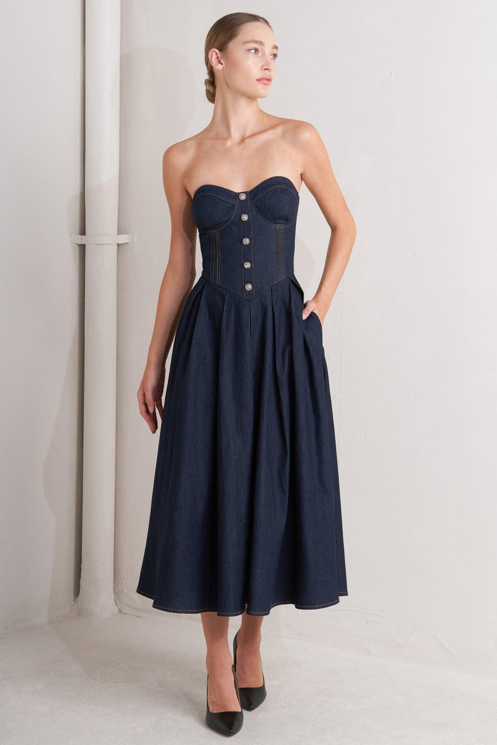 URBAN CORSET DENIM MIDI DRESS Flying Tomato