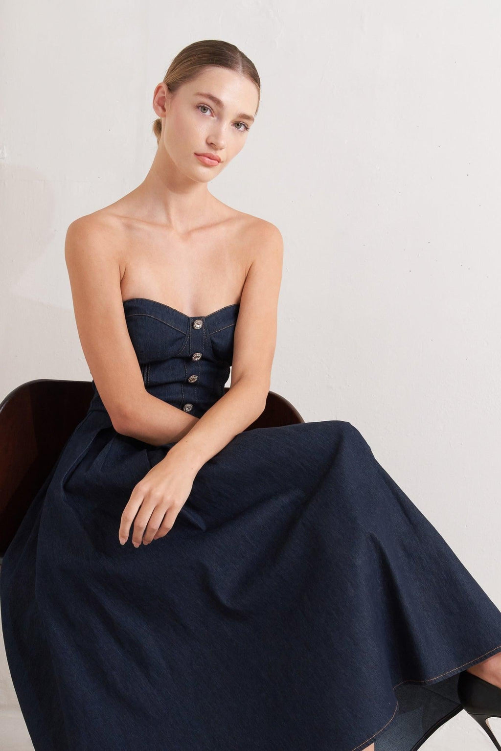 URBAN CORSET DENIM MIDI DRESS Flying Tomato