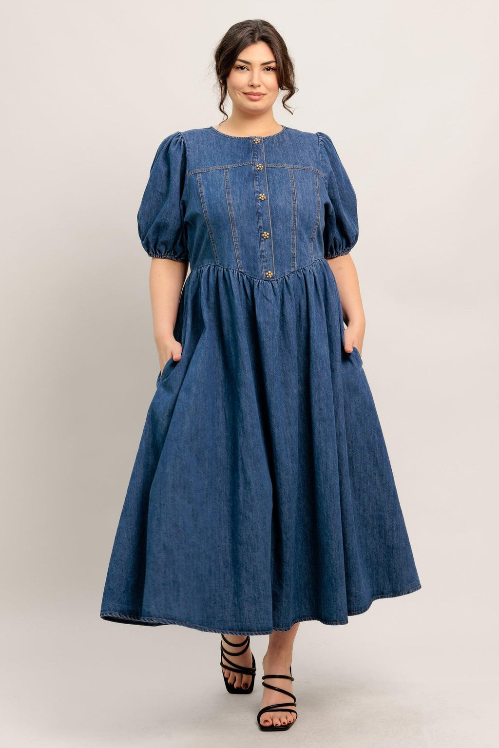 MIDDAY IN BLUE DENIM MIDI DRESS Flying Tomato