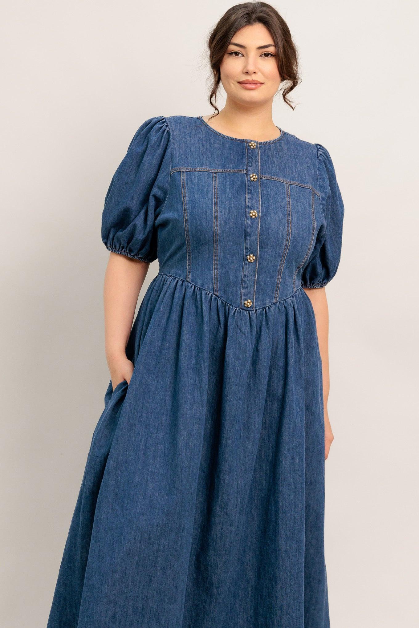 MIDDAY IN BLUE DENIM MIDI DRESS Flying Tomato
