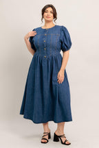 MIDDAY IN BLUE DENIM MIDI DRESS Flying Tomato
