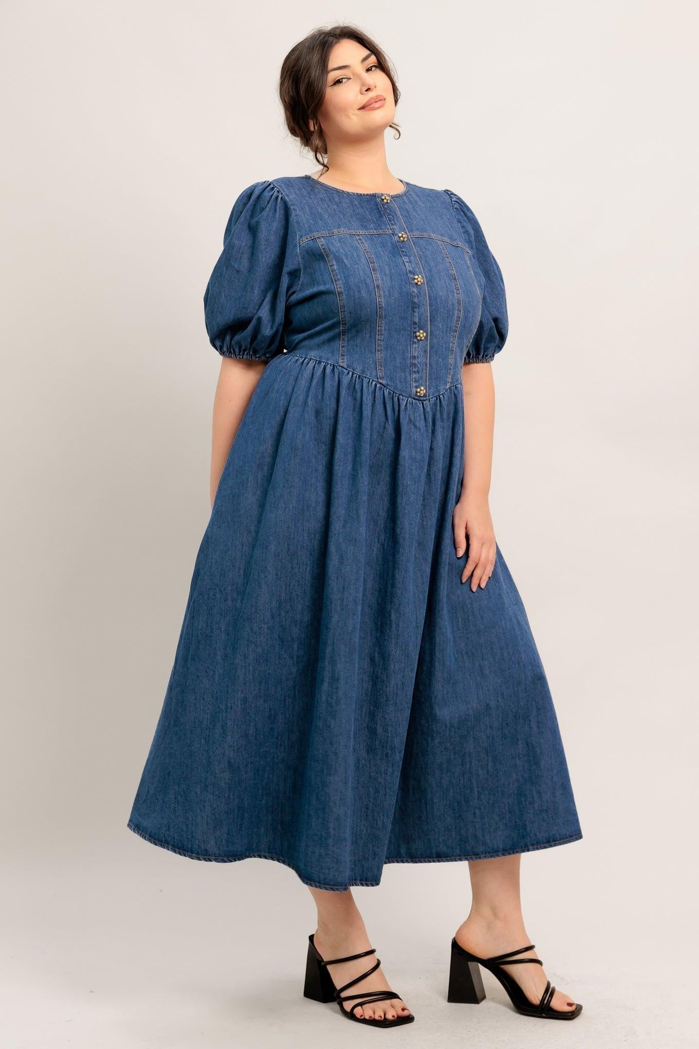 MIDDAY IN BLUE DENIM MIDI DRESS Flying Tomato