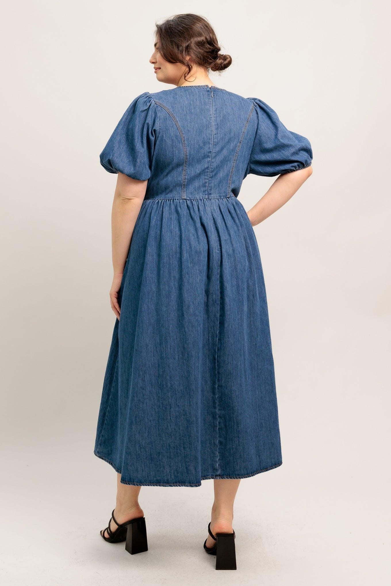 MIDDAY IN BLUE DENIM MIDI DRESS Flying Tomato
