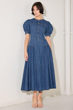 MIDDAY IN BLUE DENIM MIDI DRESS Flying Tomato
