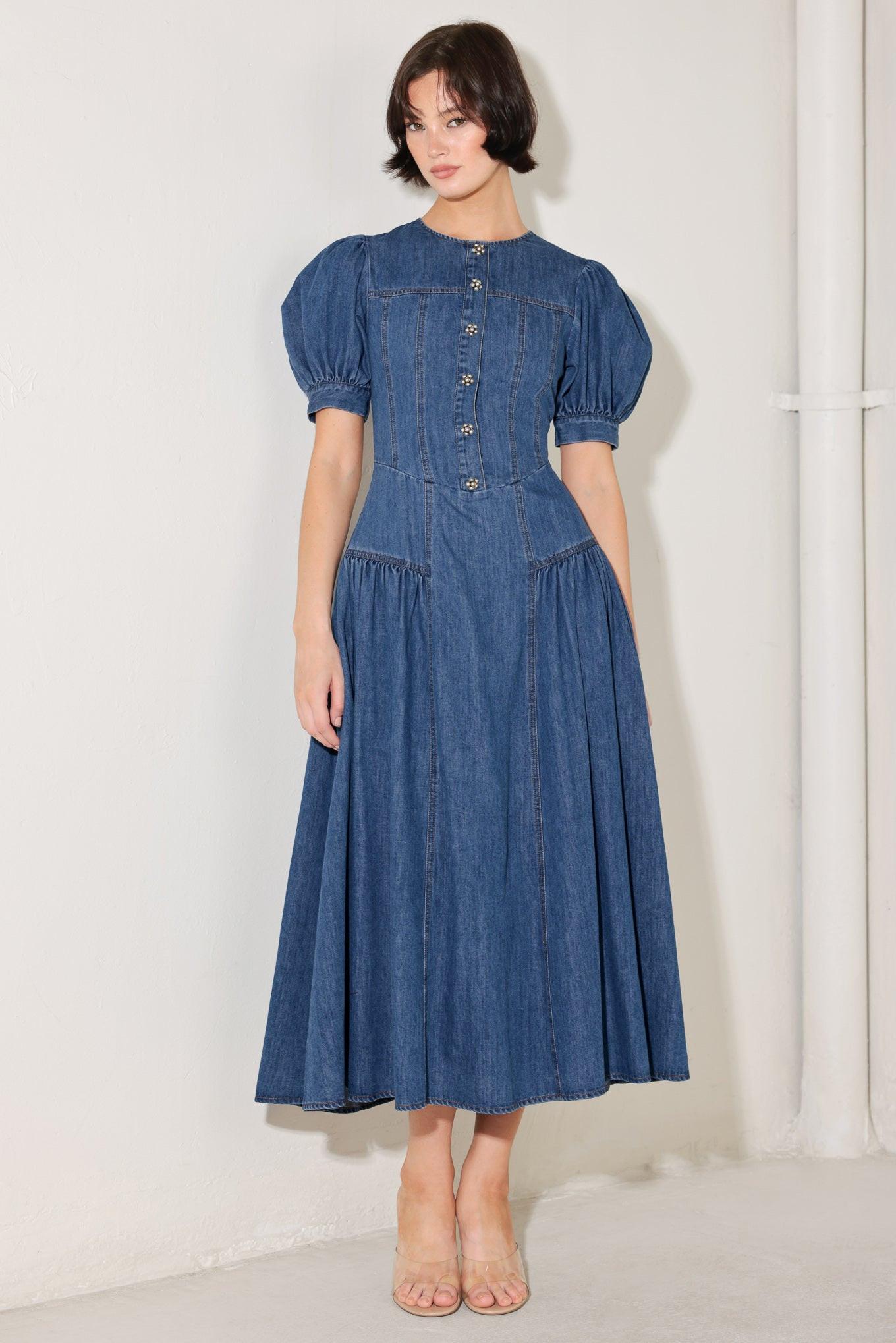 MIDDAY IN BLUE DENIM MIDI DRESS Flying Tomato