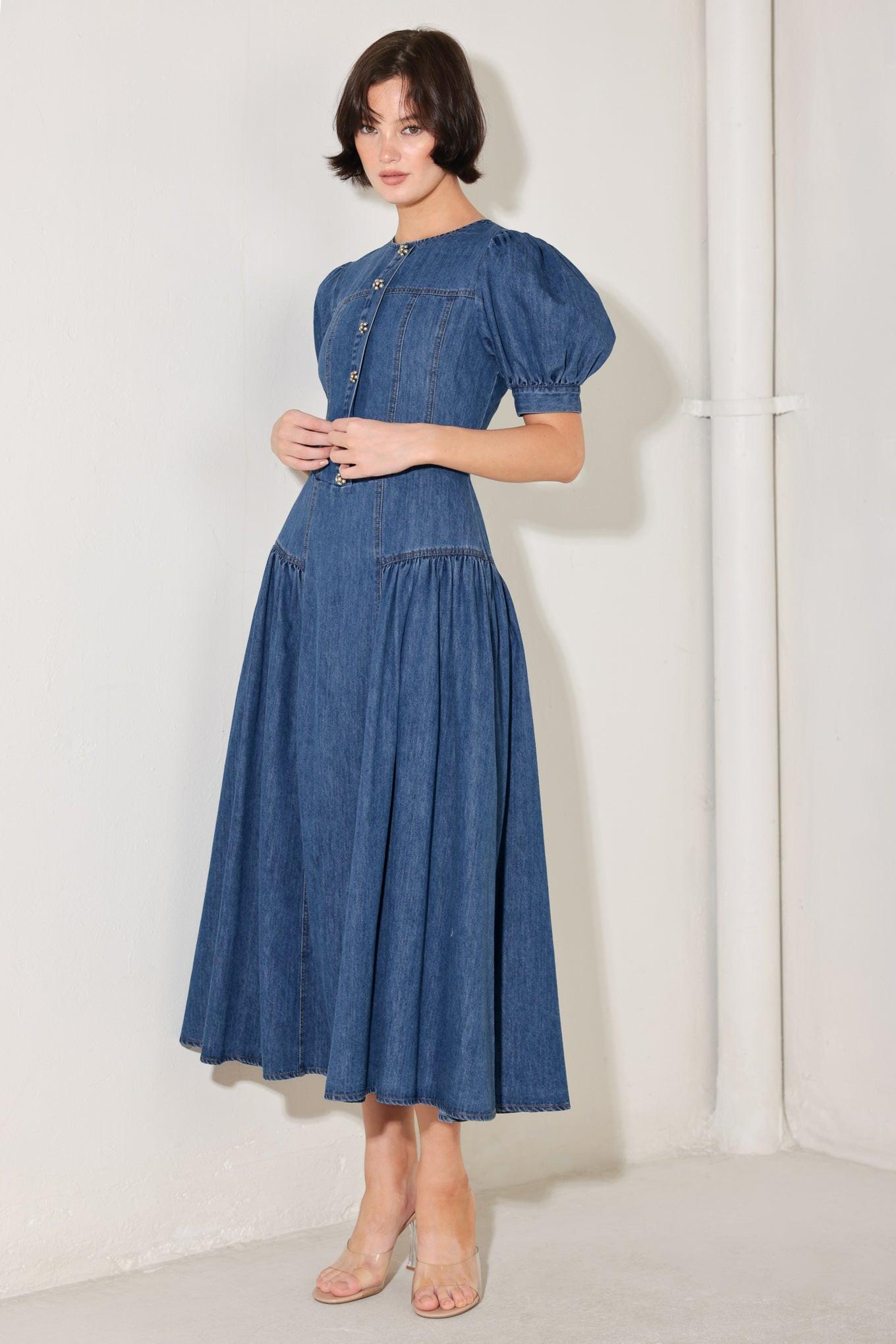 MIDDAY IN BLUE DENIM MIDI DRESS Flying Tomato