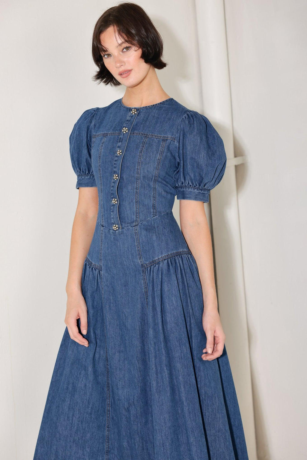 MIDDAY IN BLUE DENIM MIDI DRESS Flying Tomato