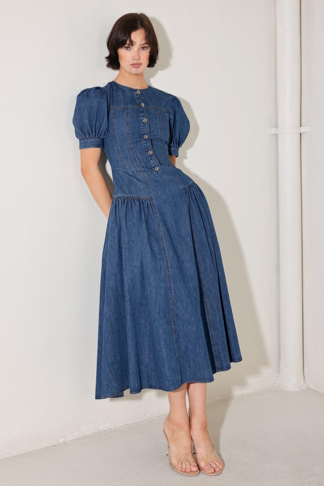 MIDDAY IN BLUE DENIM MIDI DRESS Flying Tomato