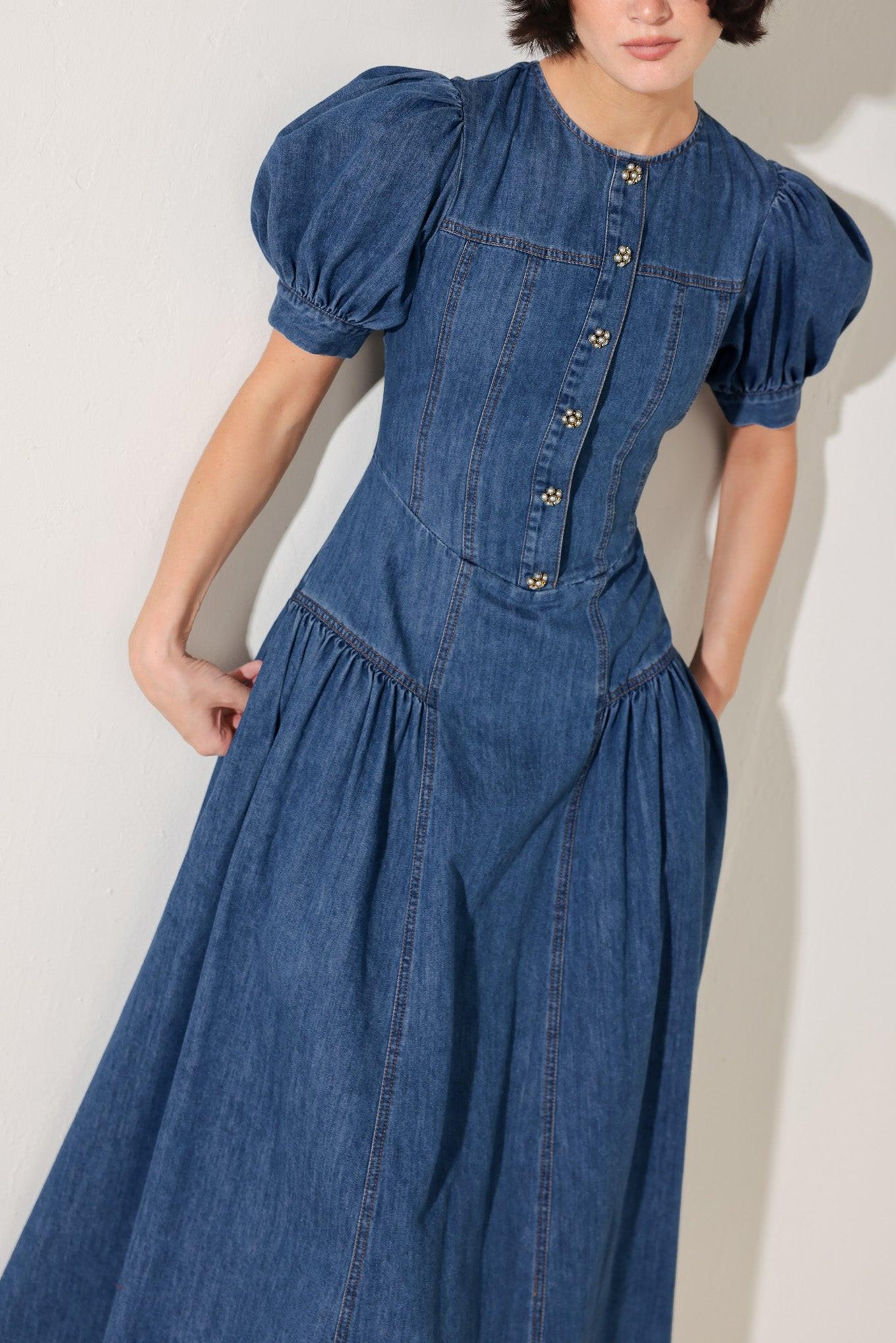 MIDDAY IN BLUE DENIM MIDI DRESS Flying Tomato
