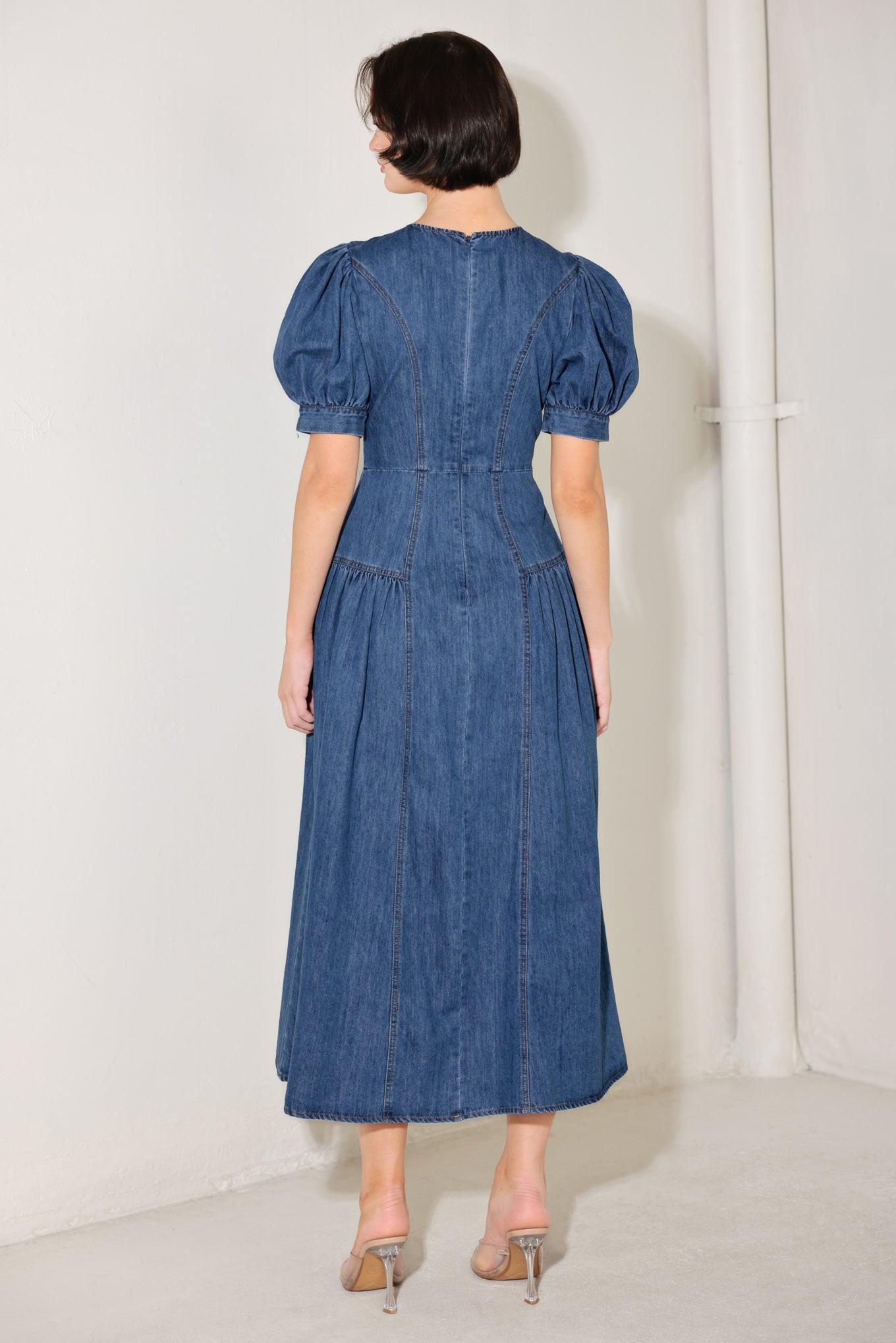 MIDDAY IN BLUE DENIM MIDI DRESS Flying Tomato