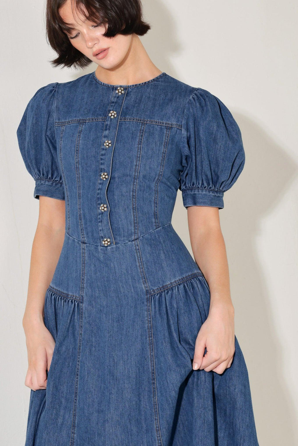 MIDDAY IN BLUE DENIM MIDI DRESS Flying Tomato