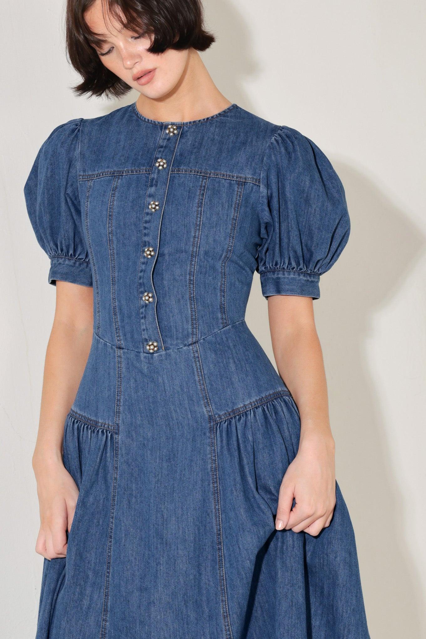 MIDDAY IN BLUE DENIM MIDI DRESS Flying Tomato