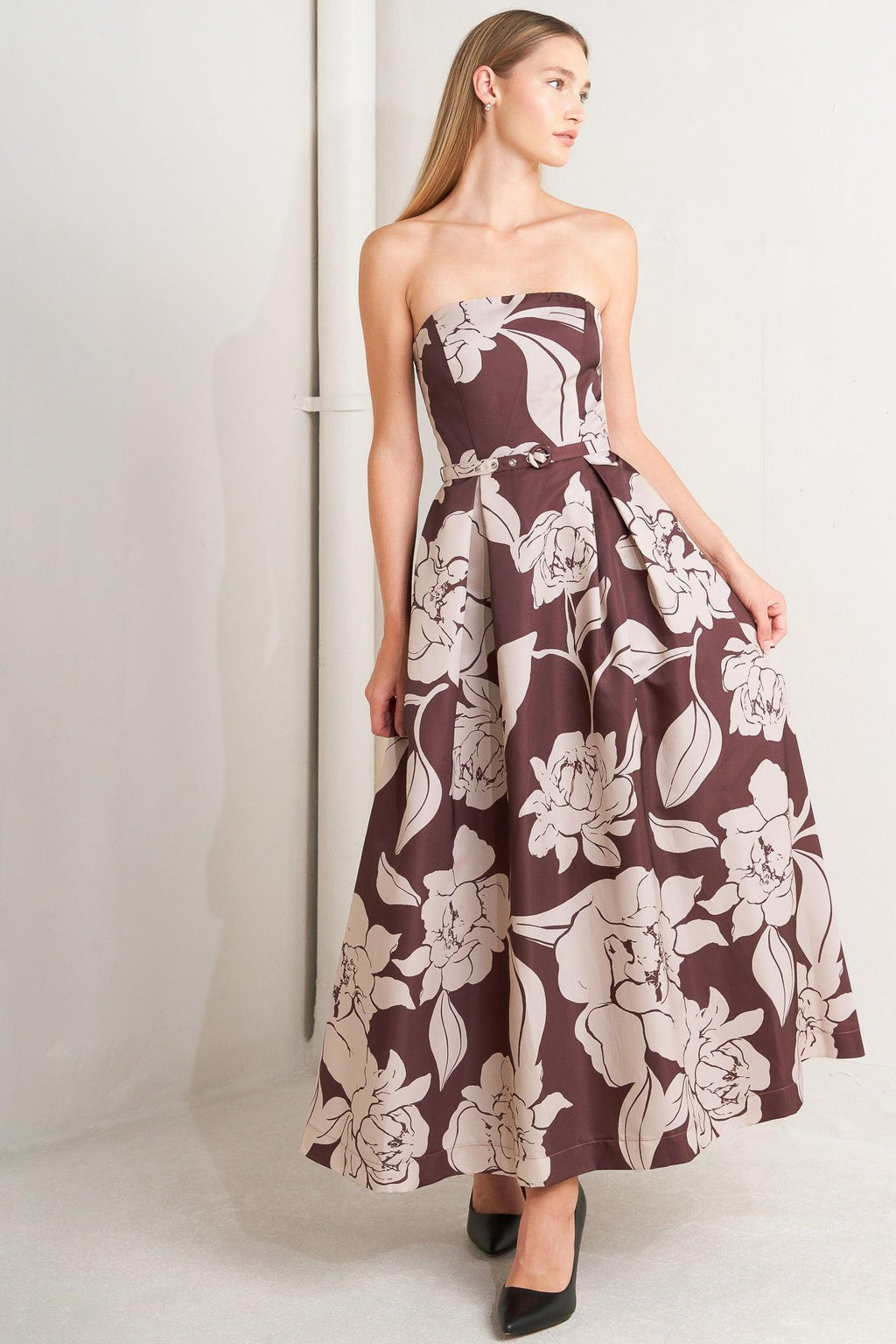 VINTAGE BLOOM STRAPLESS WOVEN MIDI DRESS Flying Tomato