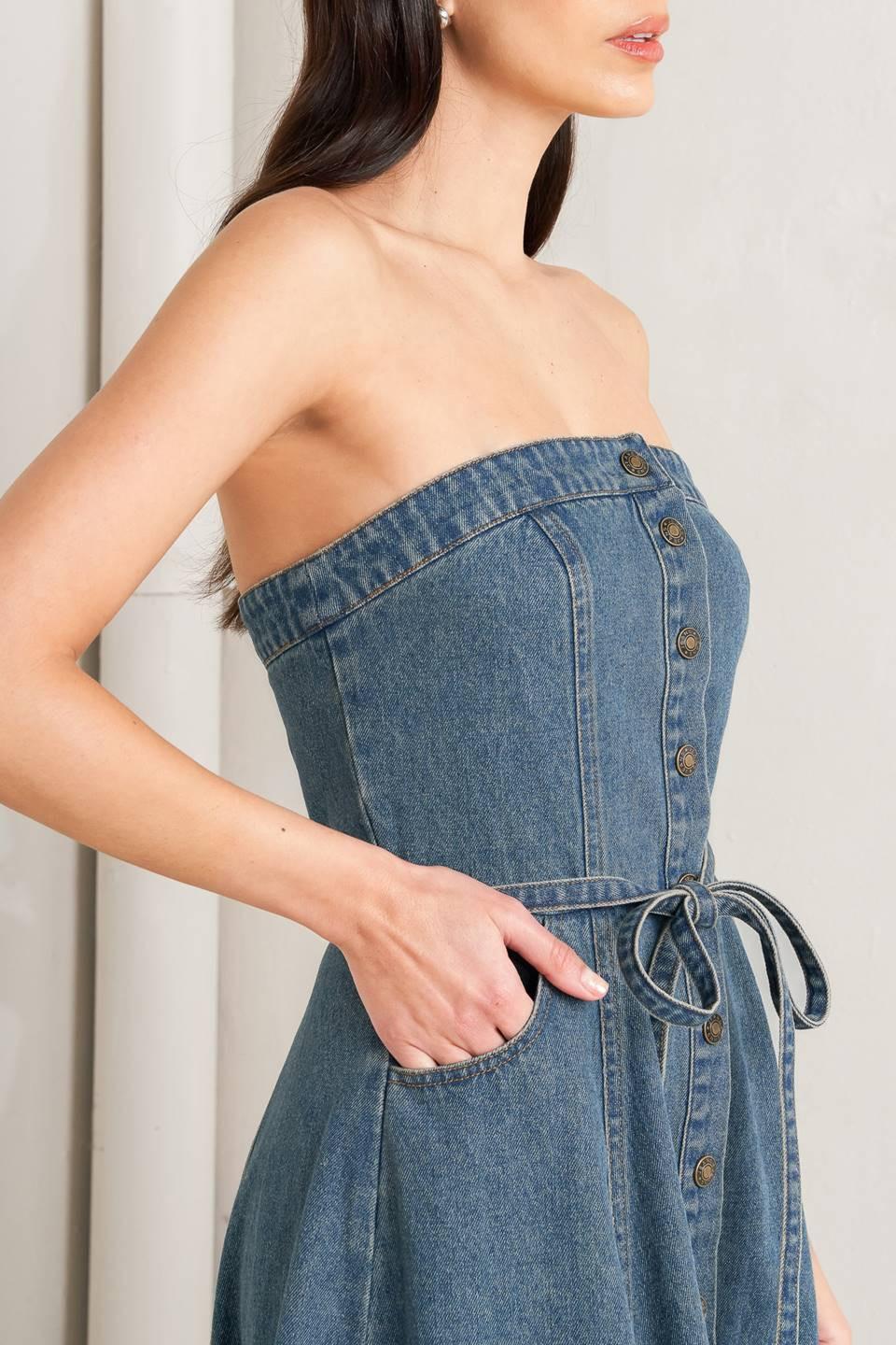 MIDNIGHT VOLUME DENIM MIDI DRESS Flying Tomato