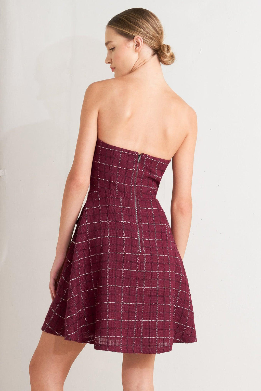TWEED DOLL WINE WOVEN MINI DRESS Flying Tomato