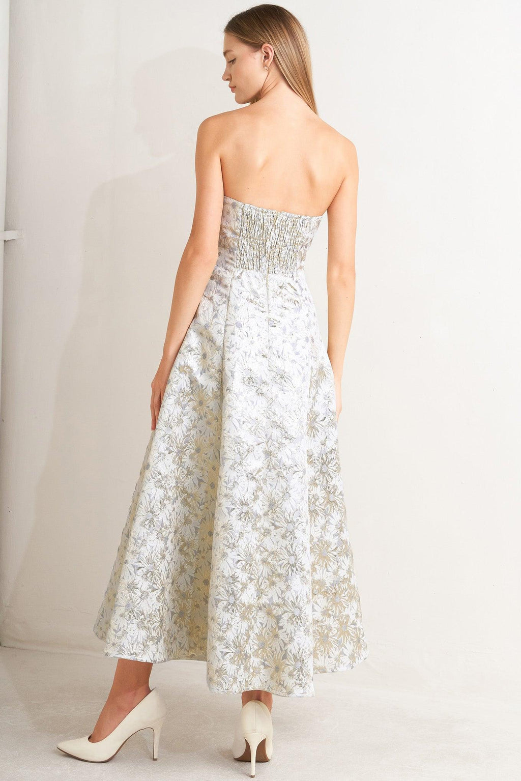 PASTEL BLOOM WOVEN JACQUARD MIDI DRESS Flying Tomato