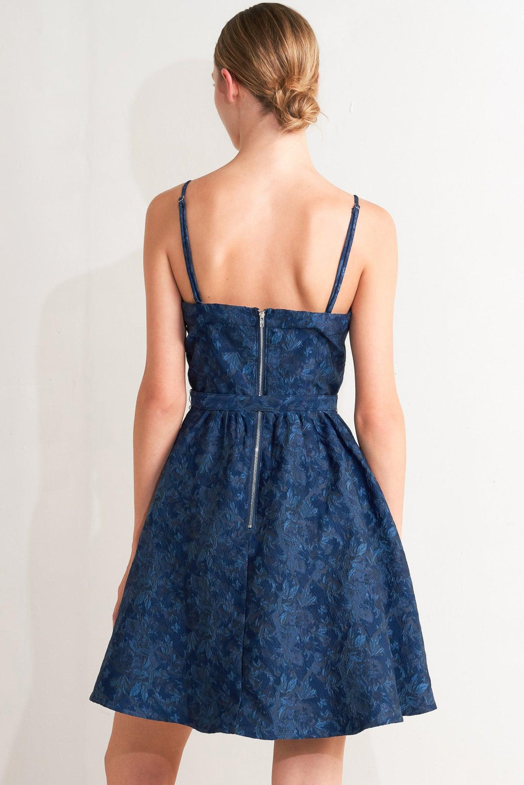 NAVY ROMANCE WOVEN JACQUARD MINI DRESS Flying Tomato