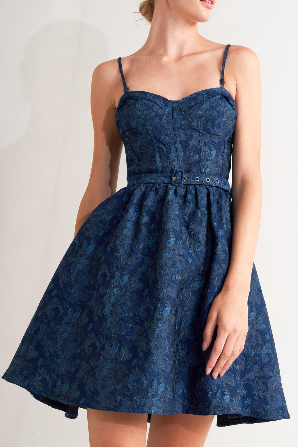 NAVY ROMANCE WOVEN JACQUARD MINI DRESS Flying Tomato