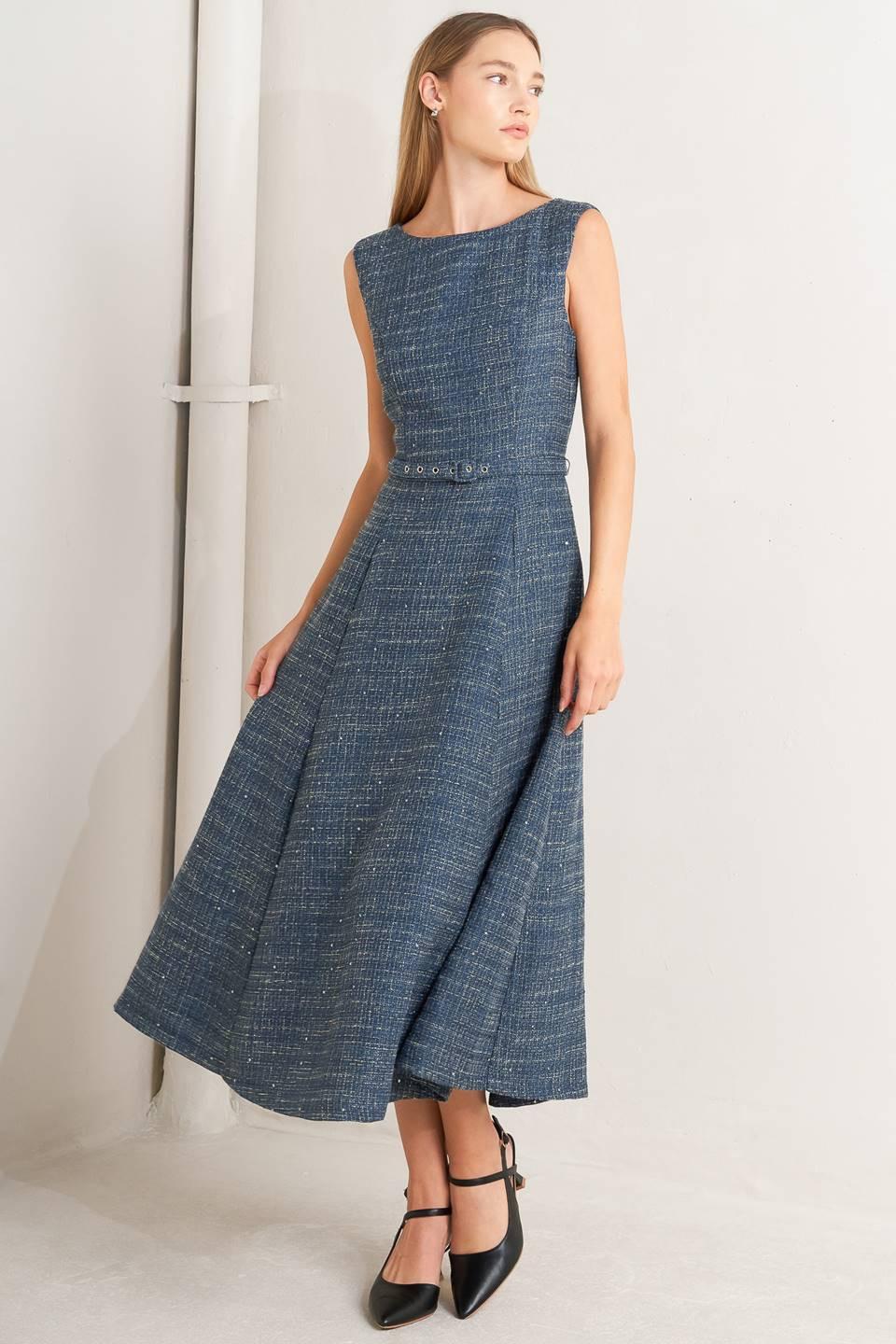 VINTAGE VIBE BOUCLÉ WOVEN TWEED MIDI DRESS Flying Tomato