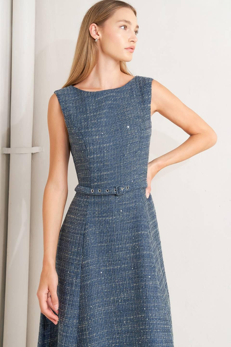 VINTAGE VIBE BOUCLÉ WOVEN TWEED MIDI DRESS Flying Tomato