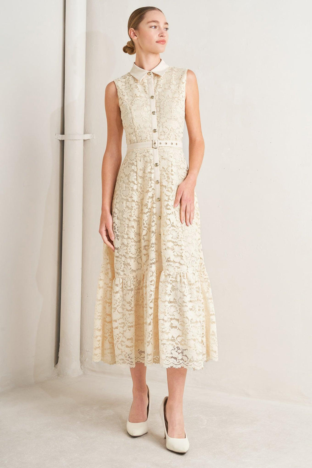 PURELY ROMANTIC WOVEN LACE MIDI DRESS Flying Tomato