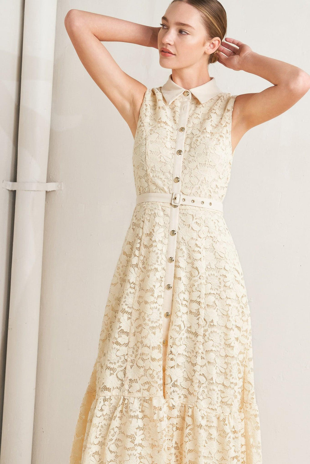 PURELY ROMANTIC WOVEN LACE MIDI DRESS Flying Tomato