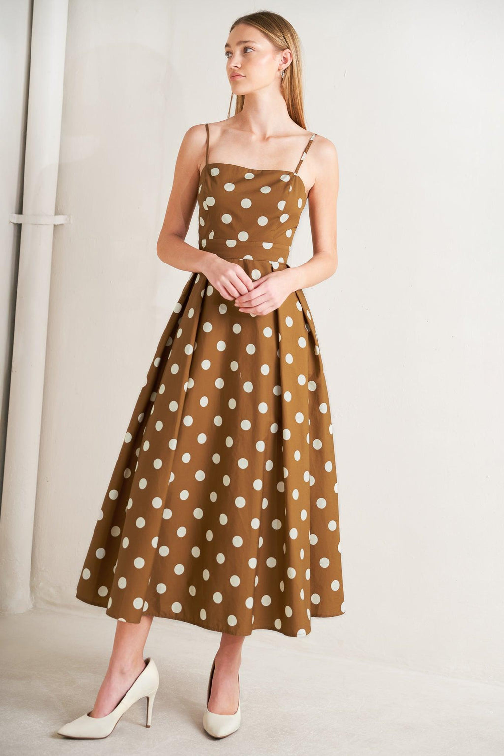 ESPRESSO DOT DREAM WOVEN MIDI DRESS Flying Tomato