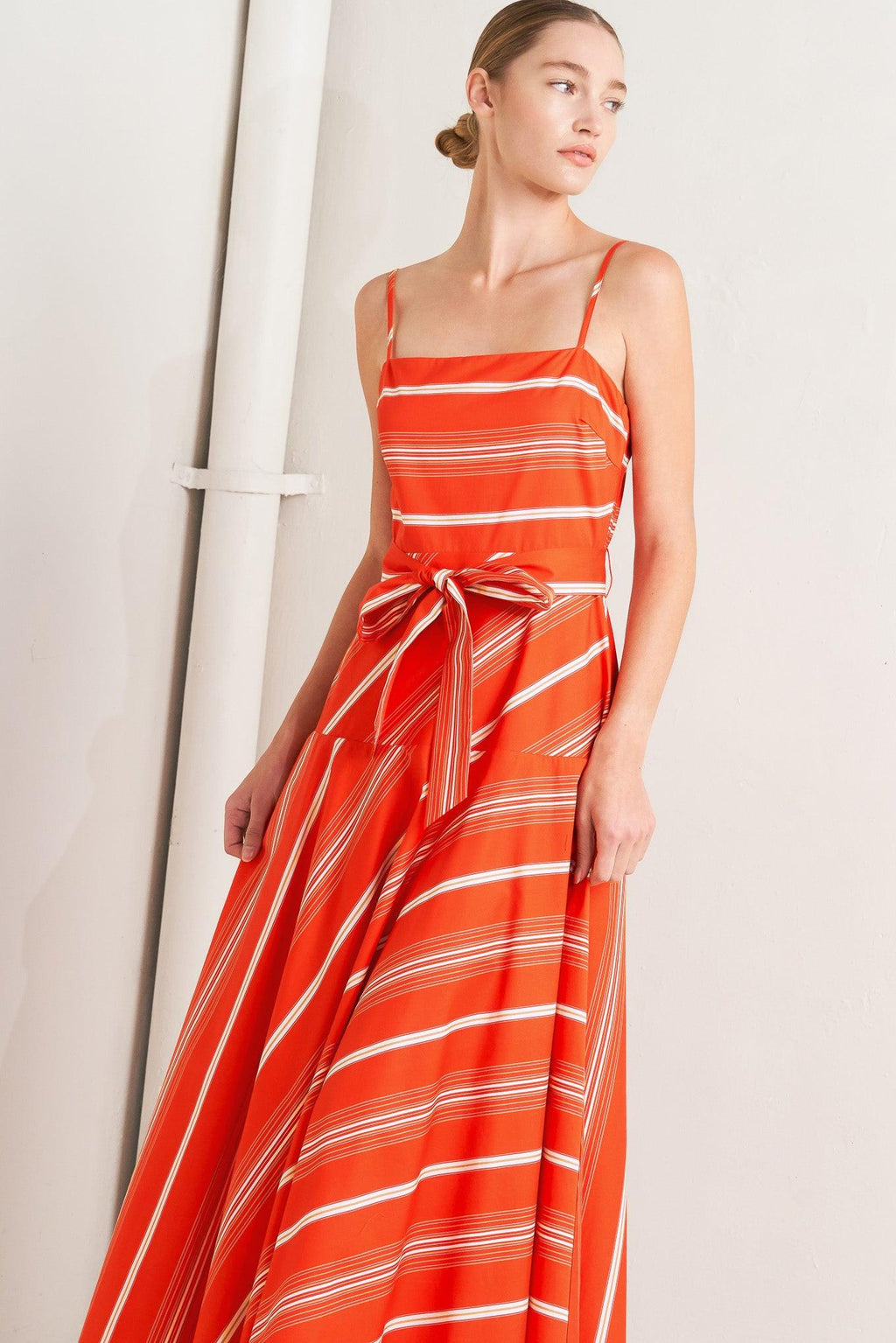 SWEET ESCAPE STRIPE WOVEN MIDI DRESS Flying Tomato