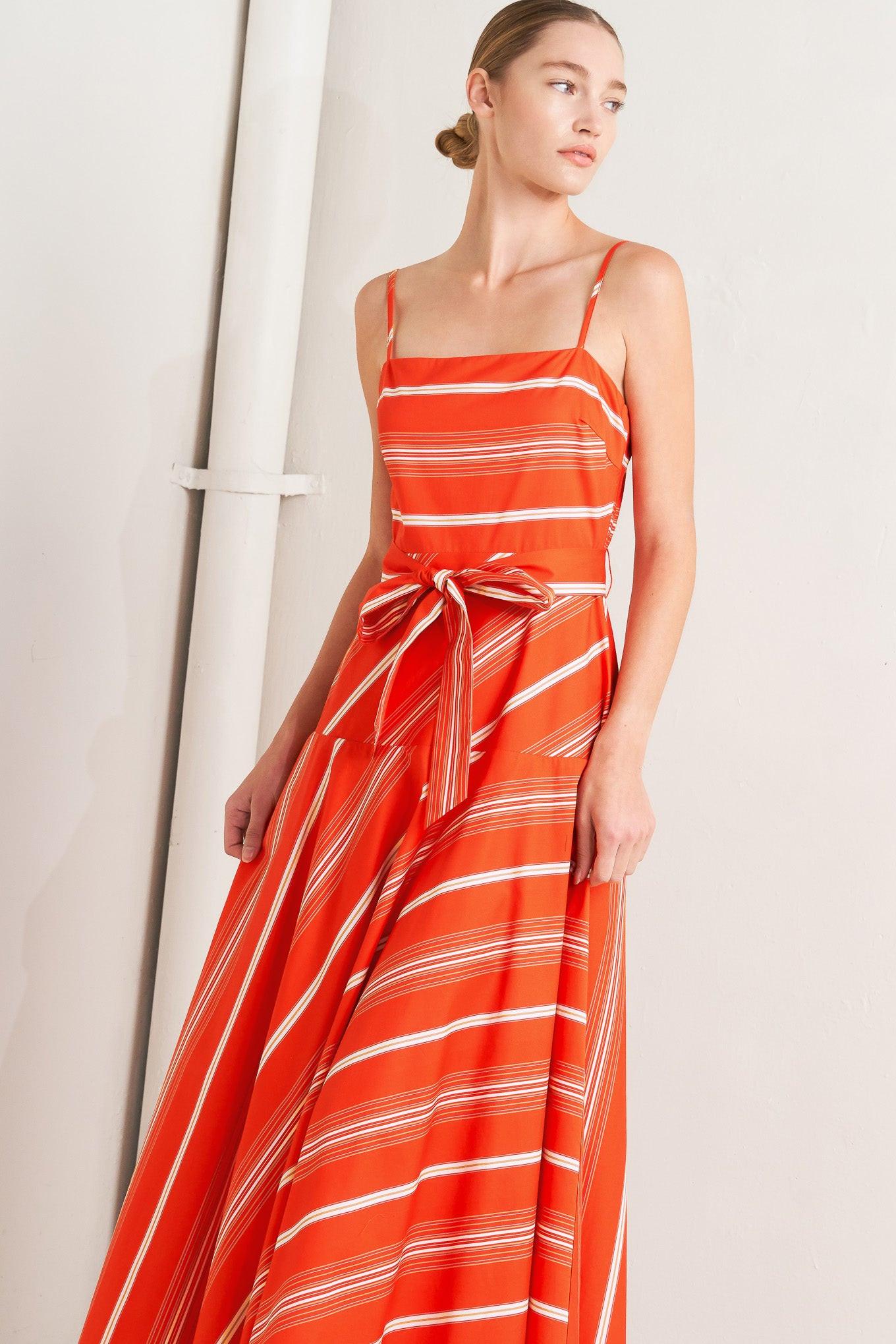 SWEET ESCAPE STRIPE WOVEN MIDI DRESS Flying Tomato
