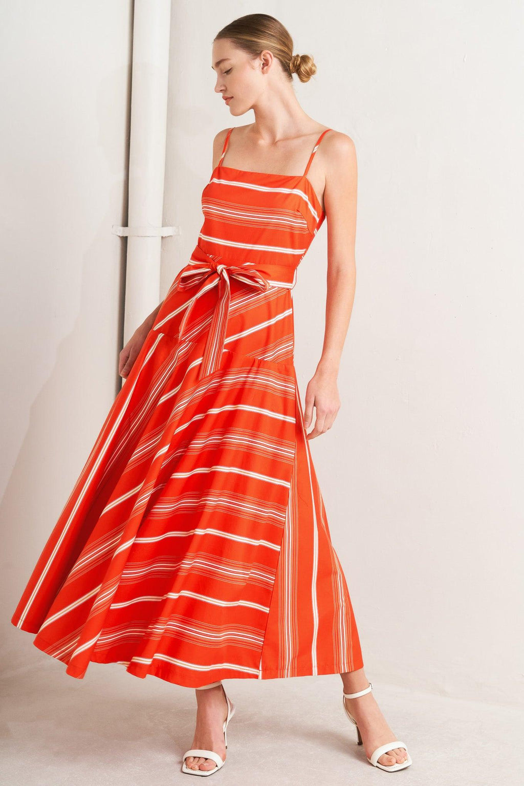 SWEET ESCAPE STRIPE WOVEN MIDI DRESS Flying Tomato