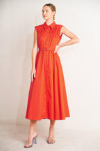 RUNWAY READY SCARLET WOVEN MIDI DRESS Flying Tomato